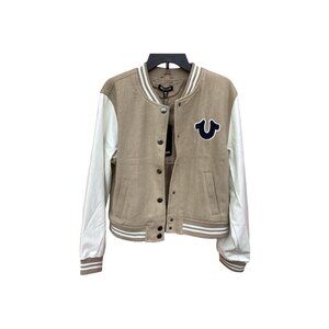 True Religion Womens Tan & White Varsity Jacket Size L
